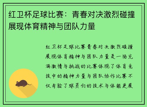 红卫杯足球比赛：青春对决激烈碰撞展现体育精神与团队力量
