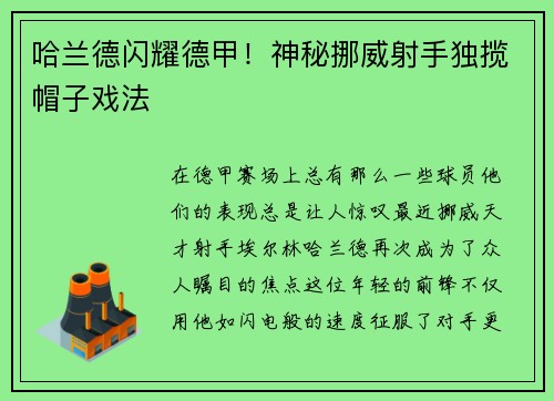 哈兰德闪耀德甲！神秘挪威射手独揽帽子戏法