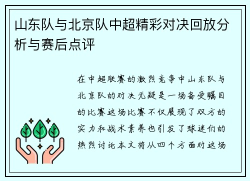 山东队与北京队中超精彩对决回放分析与赛后点评