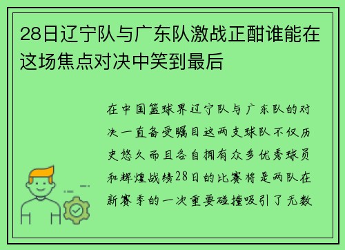 28日辽宁队与广东队激战正酣谁能在这场焦点对决中笑到最后