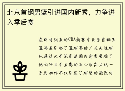 北京首钢男篮引进国内新秀，力争进入季后赛