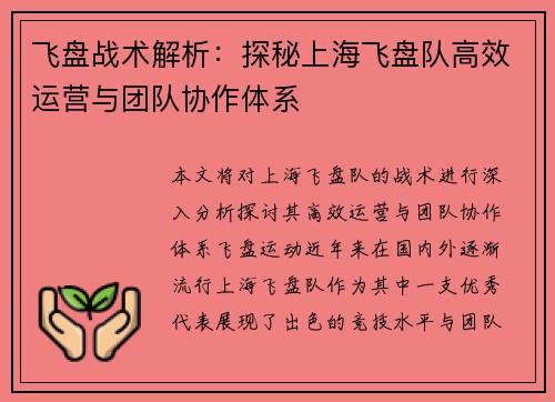 飞盘战术解析：探秘上海飞盘队高效运营与团队协作体系