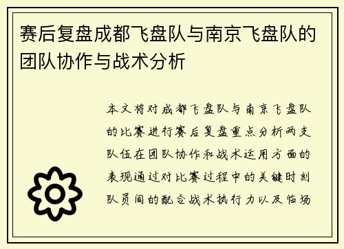 赛后复盘成都飞盘队与南京飞盘队的团队协作与战术分析