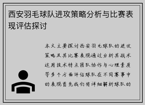 西安羽毛球队进攻策略分析与比赛表现评估探讨